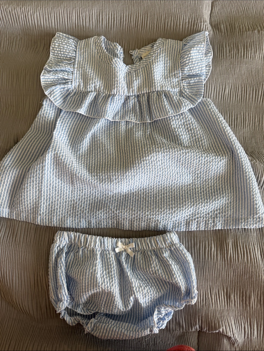 Badgley Mischka Light Blue Striped Seersucker Ruffle Dress Set